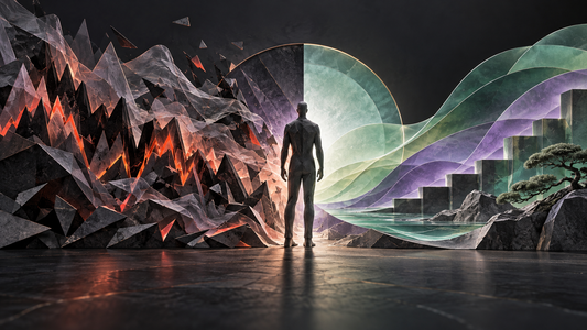 Trader stands between reactive market chaos and a calm, ordered decision state.