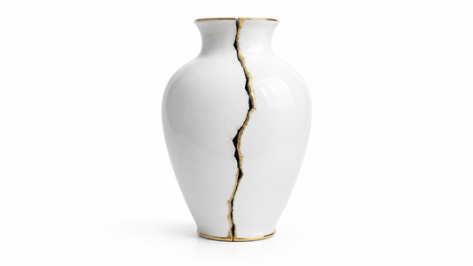 Fractured vessel repaired with a gold seam symbolizing broken consecration