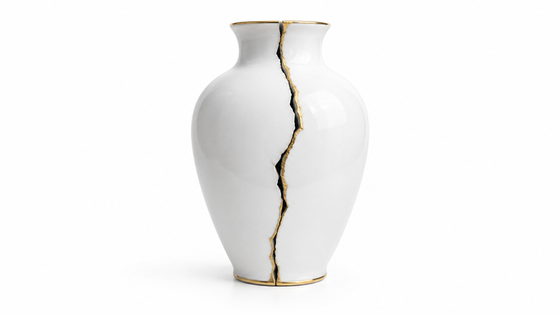 Fractured vessel repaired with a gold seam symbolizing broken consecration