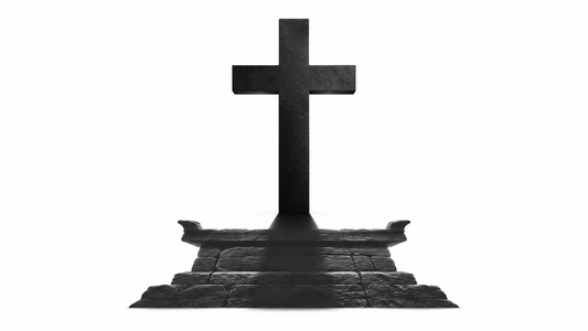 A black cross with an altar-shaped shadow on white, symbolising ceremonial shadows fulfilled in Christ.