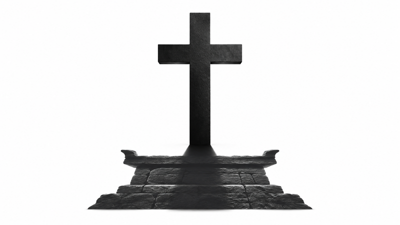 A black cross with an altar-shaped shadow on white, symbolising ceremonial shadows fulfilled in Christ.