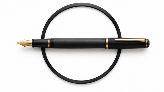 A charcoal fountain pen across a circular boundary on white, symbolising a carefully considered commitment before God.
