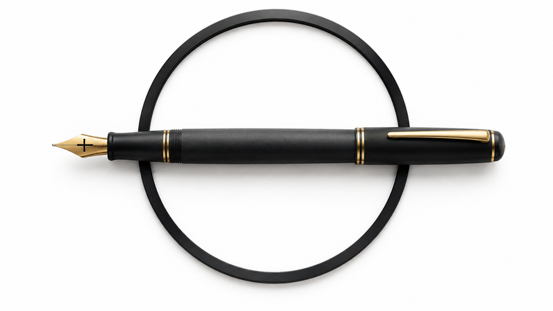A charcoal fountain pen across a circular boundary on white, symbolising a carefully considered commitment before God.