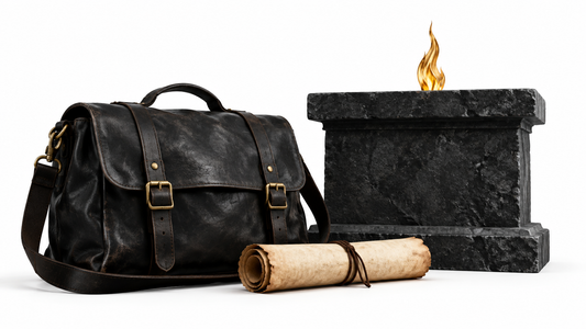 Symbolic travel satchel and altar representing Paul's consecrated life.