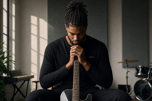 Modern editorial portrait representing a consecrated musician in prayerful devotion