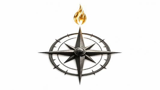 Symbolic compass and flame representing consecration and calling