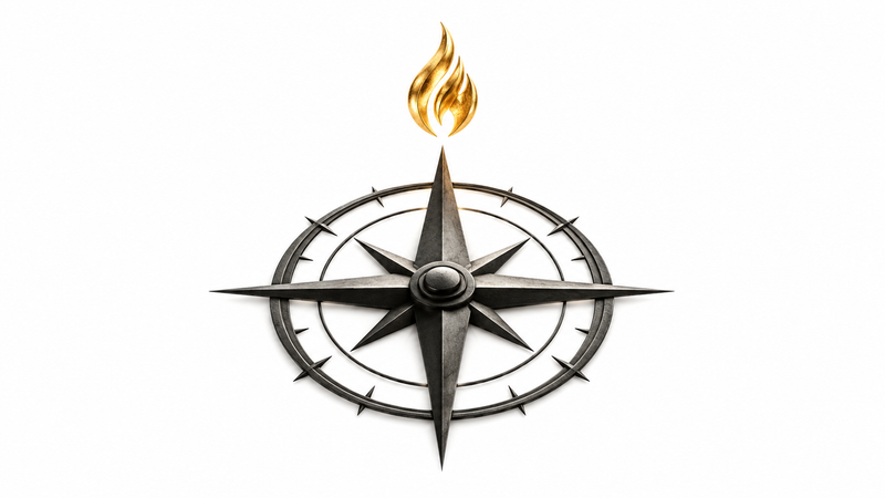 Symbolic compass and flame representing consecration and calling