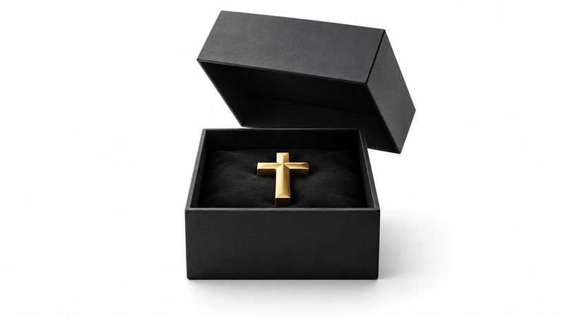An open charcoal gift box holding a gold cross on white, symbolising salvation freely given.