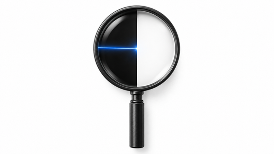 Magnifying glass over a split circle, representing discernment