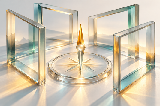 Angled translucent frames surround a luminous compass needle, illustrating discernment and perspective.