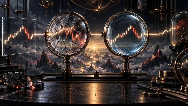 A cracked lens distorts a market pattern while a calibrated lens reveals the same evidence clearly.