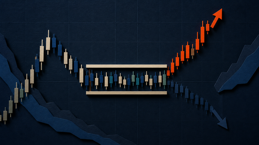 Paper-relief market range holds compressed price bars before one confirmed breakout path activates.