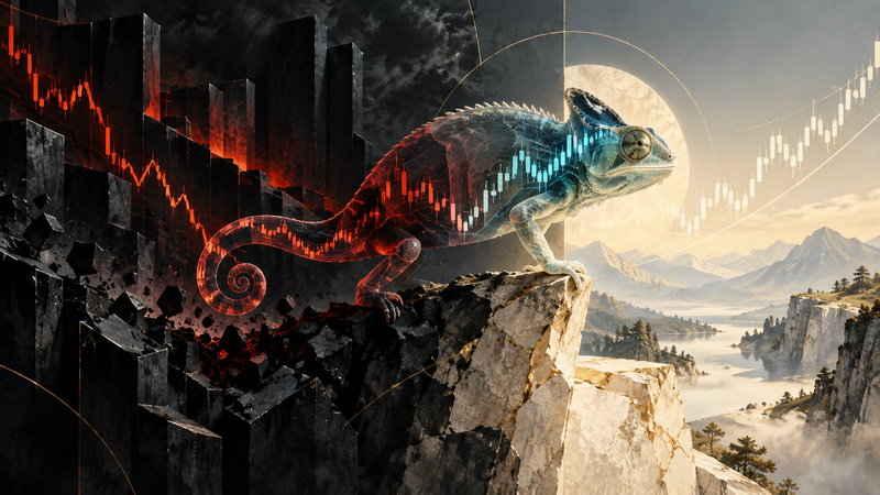 A market chameleon changes across dark and clear price environments, symbolizing disciplined adaptation to evidence.