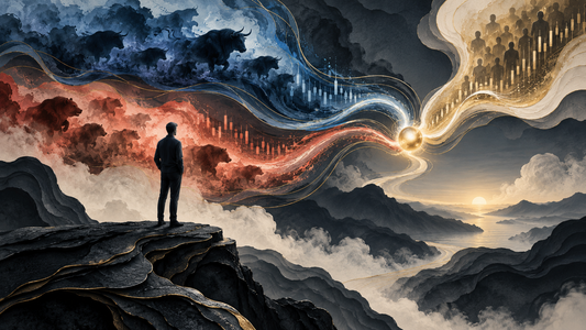 Calm trader observing converging market emotion currents and evidence paths
