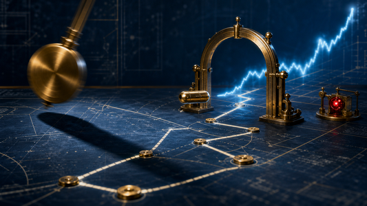 Prepared trading route pausing at an execution gate beneath a swinging pendulum