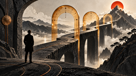 A monumental market path passing through three illuminated time arches toward a defined objective.