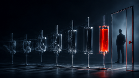 A calm trader waits behind a decision gate as an unfinished candle develops into a final form.