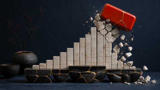 Oversized red tile collapsing a winning staircase above a repaired foundation