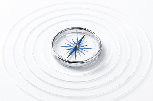 A clear compass centered within widening concentric circles on a clean white background