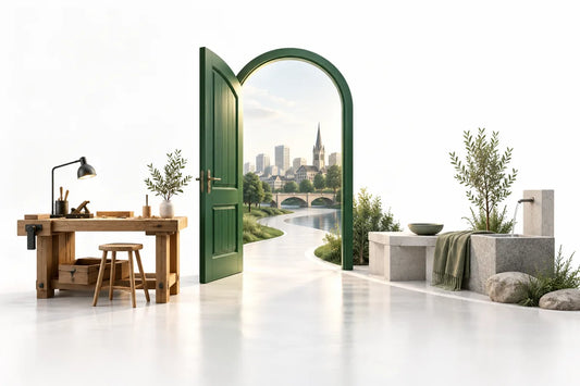An open green doorway connecting a workbench, a city, and a quiet place of service