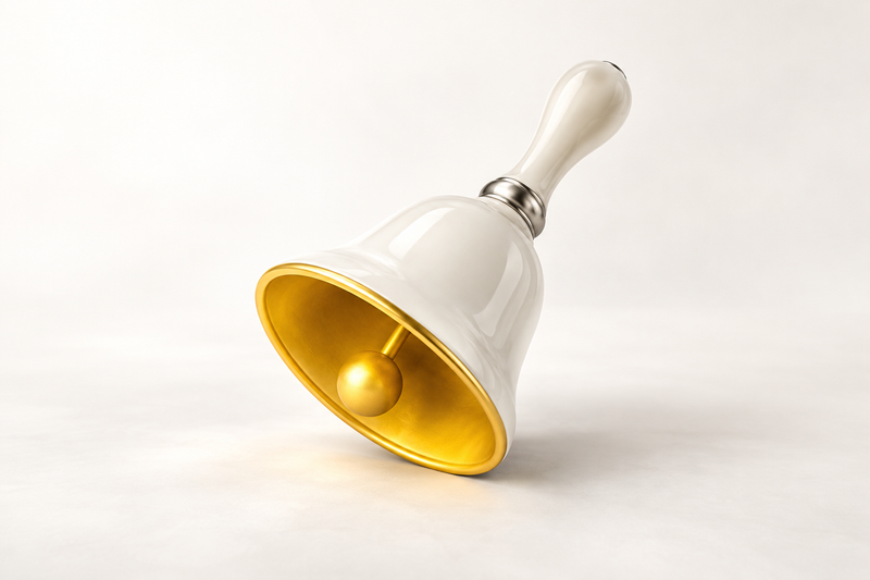 A pearl-white bell with a golden-yellow inner rim and clapper rests on a clean light surface.