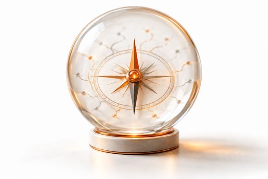 An orange illuminated compass within a clear glass sphere on a white background, representing present attention and reality claims