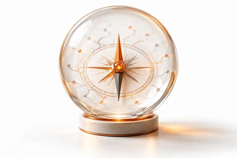 An orange illuminated compass within a clear glass sphere on a white background, representing present attention and reality claims