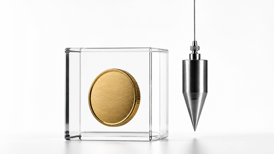 A gold coin contained within a clear glass cube beside a straight plumb line on a clean white background