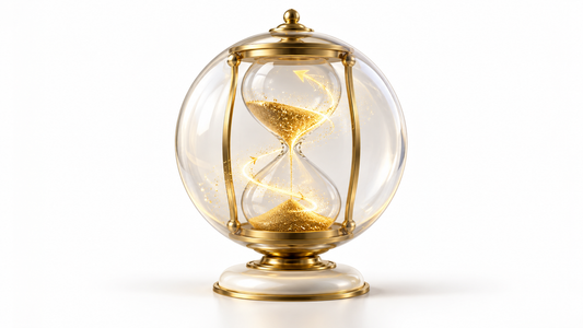 A yellow-gold hourglass beside a sealed probability sphere on a white background, representing time and retro psychokinesis