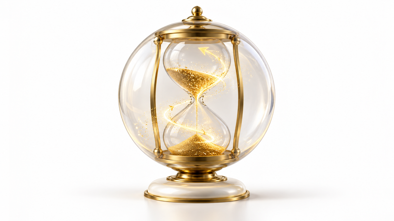 A yellow-gold hourglass beside a sealed probability sphere on a white background, representing time and retro psychokinesis