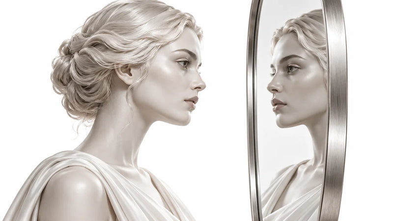 A pearl-white human profile beside its reflection in a silver mirror
