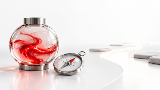 A red luminous current contained in glass beside a silver compass and open path