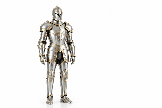 An empty polished suit of armor standing against a clean white background