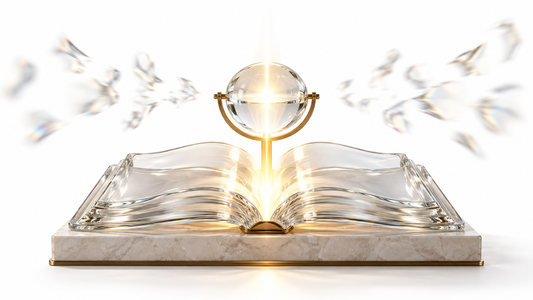 A clear glass book and luminous lens on white, symbolizing knowing God through Scripture