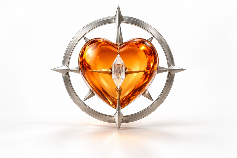 An amber glass heart held within a silver compass around a clear crystal, representing feeling guided by truth