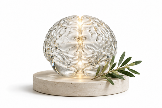 A clear glass brain illuminated on a pale stone pedestal beside an olive branch against a white background
