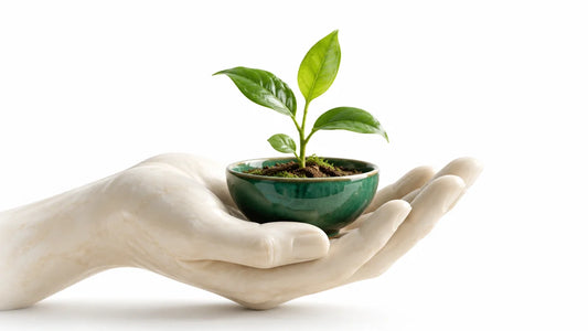 An ivory hand sculpture holding a seedling in an emerald-green vessel