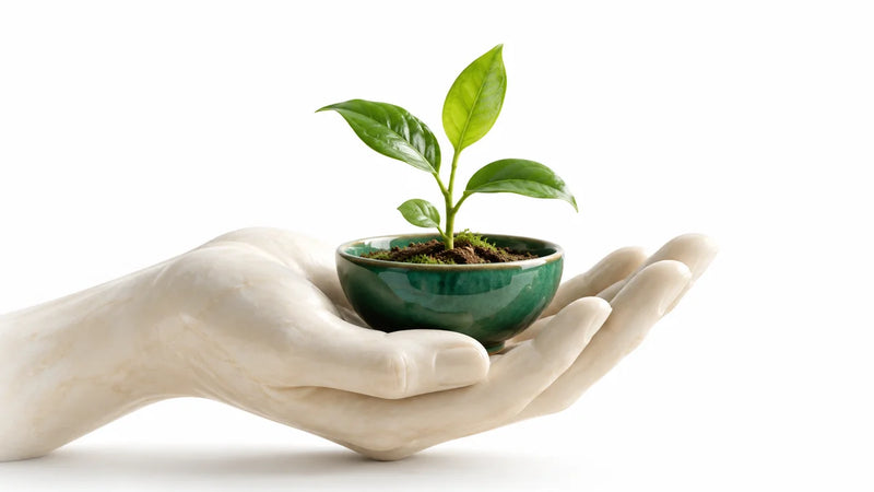 An ivory hand sculpture holding a seedling in an emerald-green vessel