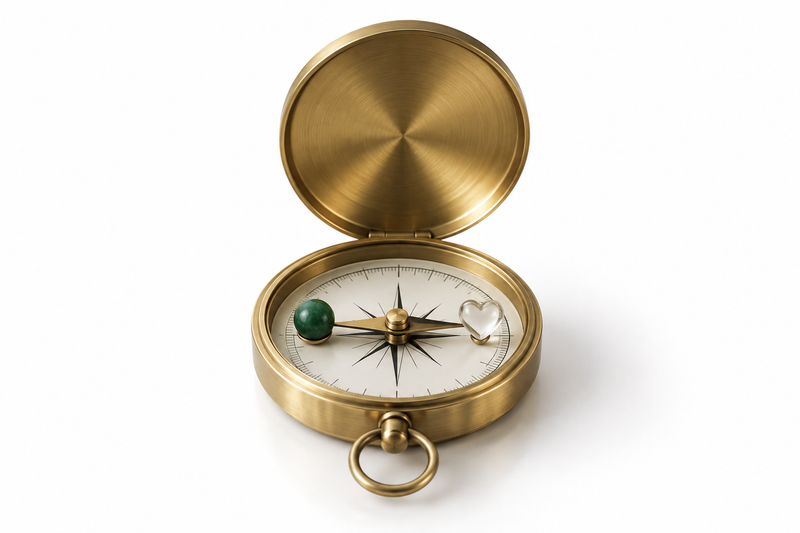 Brass compass balanced between a green stone and clear glass heart on a white background, symbolizing responsible freedom