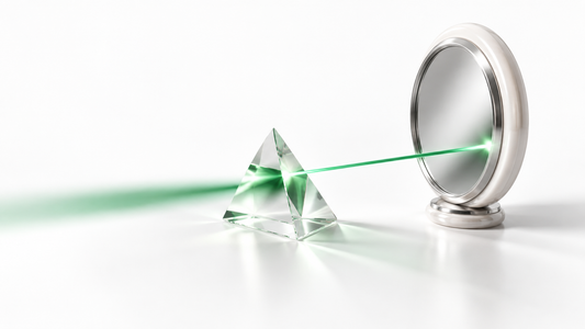 A pearl-white mirror and clear prism aligning an emerald beam on a clean white background