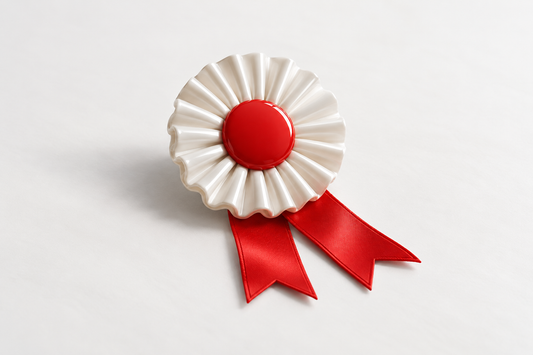 A pearl-white award rosette has a vivid red center and two red ribbon tails on a light surface.