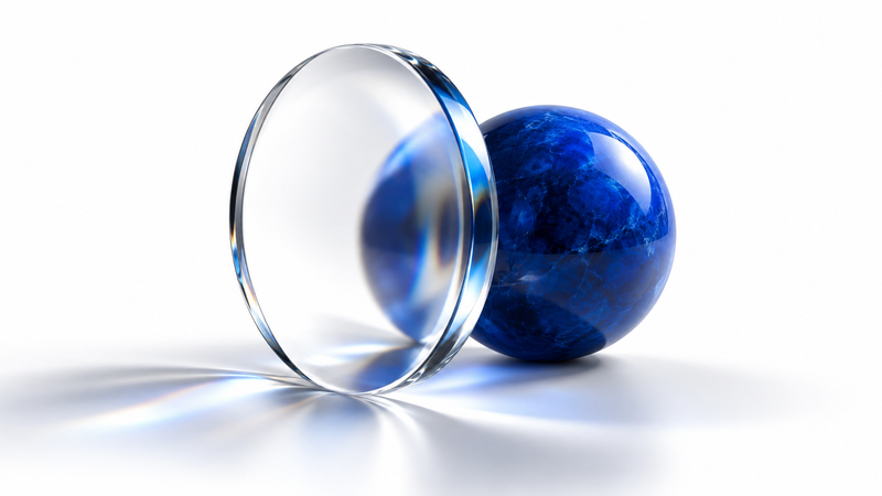 A glass lens refracting the appearance of a solid blue sphere on a white background