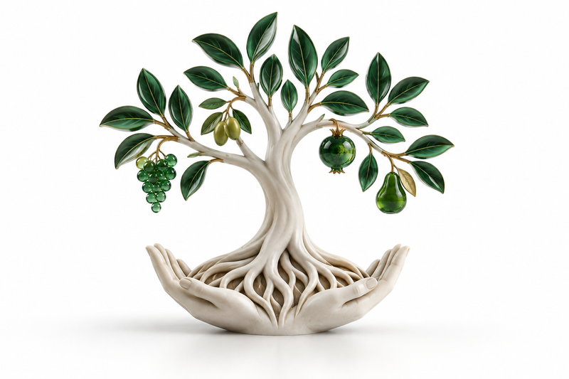 A sculptural fruit tree rooted in caring hands, symbolizing Christian prosperity through stewardship and generosity