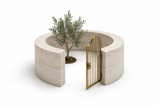 A circular pale stone boundary with an open brass gate protecting an olive tree on a white background