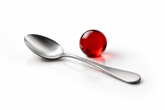 Intact steel spoon beside a red glass sphere on a white background, symbolizing discernment about psychokinesis