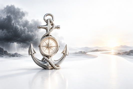A silver anchor and compass standing steady beside a bright path beyond a distant storm