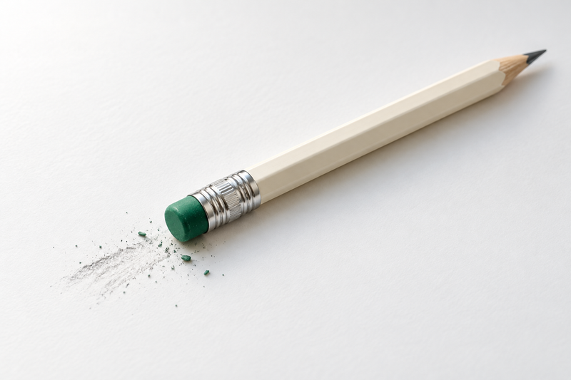 An ivory pencil with an emerald eraser rests beside a gently erased graphite mark on white paper.