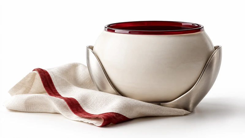 An ivory vessel with a restrained red rim resting in a silver cradle on a white background