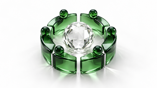 Six distinct emerald forms supporting one clear crystal, representing individual thought serving unified Christian teamwork