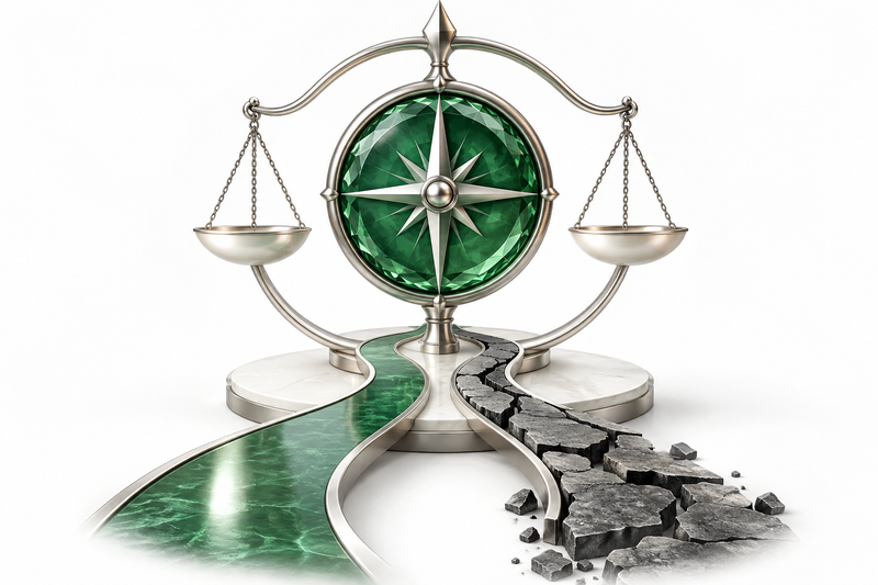 An emerald crystal compass balanced within silver scales above one clear path and one fractured path